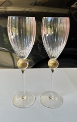 Set Of 2 Union Street Glass MANHATTAN Champagne Glasses Gold Ball, Signed 1991