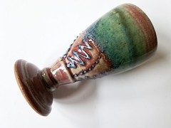 6″ Studio Pottery Chalice Goblet, Red & Green Glaze, Blue Slip-Dots