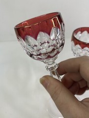 Pair Of Bohemian Crystal Cut To Clear Ruby Red And Amethyst Purple Cordial Glass