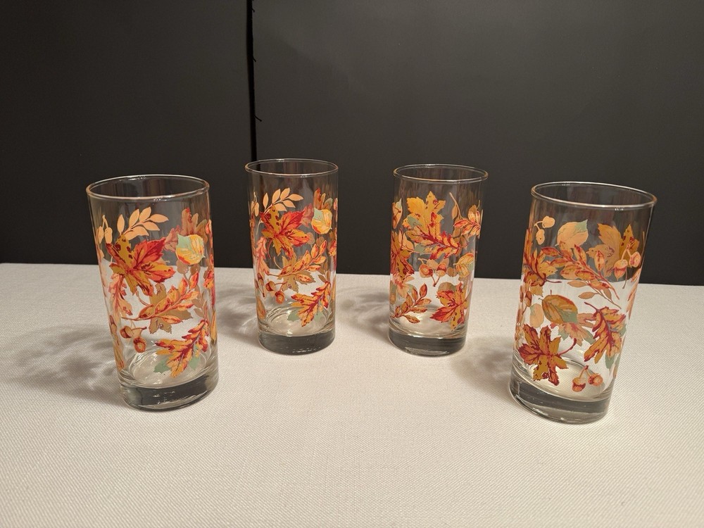 Set Of 4 Vintage Libbey Crisa Autumn Leaves Drinking Glasses