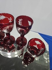 (5) WINE glasses Goblets 5″, bohemian Ruby red flashed & engraved cut to clear