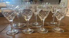 Val St Lambert- 3 Coupes & 4 cordials, arches & exes 6-sided stem