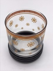 Vintage MCM Ribbed Lowball Whiskey Rock Glass Clear Black 22kt Gold Snowflake