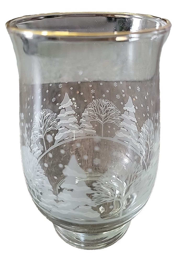 Libby Winter Wonderland Frosted Trees Gold Rim Glass Weighted Bottom 3x5in