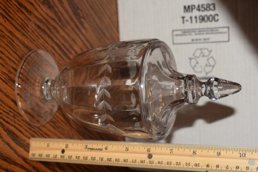 Fostoria ?? Glass Covered Candy Jar etched cut Leaf design, clear 10″