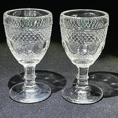 Kokomo Glass Dew & Raindrop Pair Cordial Shot Glasses c1901 Beaded Stem 3” EAPG
