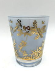 2 Vtg William Meier Double Old Fashioned Glasses Light Blue & Gold MCM Barware