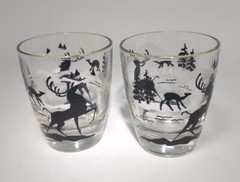 Mid Century Bar Ware Shot Glass Black White Stag Winter Scene Deco Style 3″