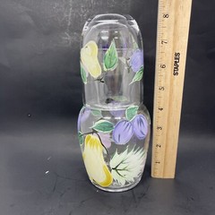 Hand Painted Tumble Up Glass Bedside Carafe & Glass Set Pears, Plum & Grapes