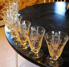 Vtg Set 8 LA FLEURE YELLOW 4.75″ Etched FOOTED TUMBLERS Glass TIFFIN FRANCISCAN