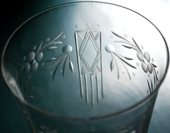 Antique Set 2 WATER GOBLET GLASSES Hand Blown ETCHED BOWL w/ COBALT BLUE STEMS