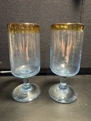 Set of 2 Mexican Hand Blown Wine Drink Glasses Brown Amber Rim 6”