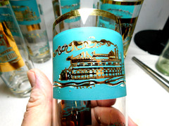 6 Vintage Libbey Southern Comfort Riverboat Highball Glass Tumblers/ Aqua+ Gold