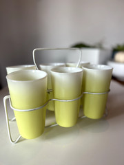 VTG Set 6 Hazel Atlas Milk Glass Ombre Tumblers High Balls with Carrier