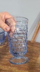 3 Vintage Indiana Glass Whitehall Colony Light Blue Cube 6″ Footed Iced Tea
