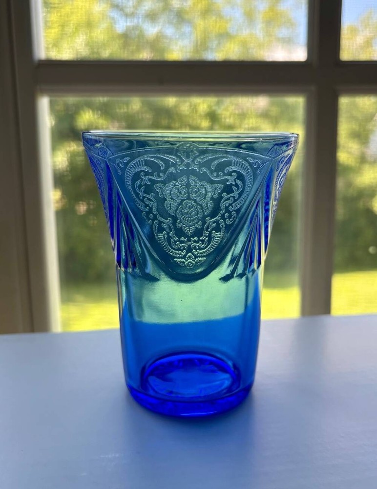 HAZEL ATLAS COBALT BLUE~ROYAL LACE~DRINKING GLASS~4-1/4″~9 OZ TUMBLER~V EXC