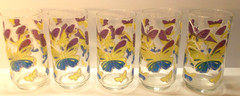 5 Vintage Libbey Colorful Embossed Butterflies Drinking Glasses 14 Oz. 5 5/8″