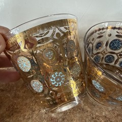 2 MCM 1950’S VTG CULVER 22K GOLD LOWBALL GLASSES GOLD/TURQUOISE SET cocktail