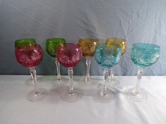 8 Bohemian Cut-to-Clear Crystal Wine Hocks Goblets Green Blue Cranberry Amber