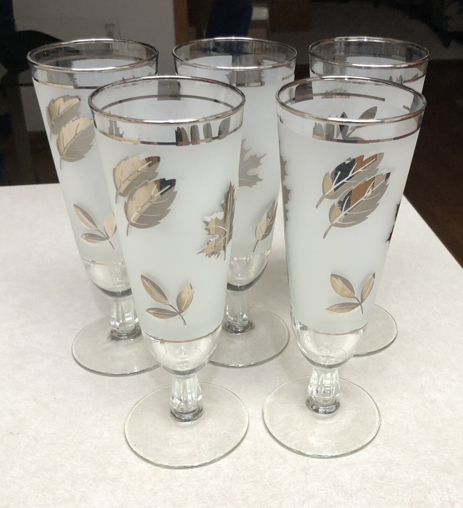 5 MCM VINTAGE Libbey Silver Leaf Pilsner Beer Footed Glasses 8 1/4 » Tall