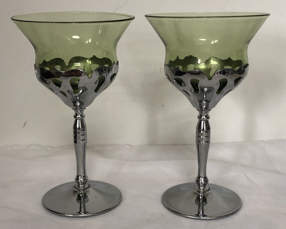 2 Vintage 1940s Farber Bros Krome Kraft Green Cordial Wine Glasses #3126 MCM USA