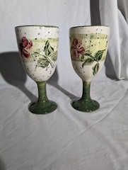 Pair Of Julie Ueland Handmade ceramic goblets Backsplash Pottery Green Cream 7”