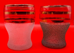 Pair Vintage Frosted Glasses with Gold Bands – Green and White – Approx 6cm Tall