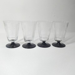 Art Deco 4 Footed Glasses Set 3 7/8″ Etched Pattern Black Base