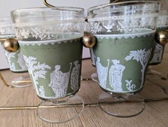Vintage Jeannette Hellenic Green Cocktail Glasses Greek Key Gold Rim Barware