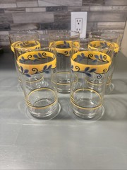 Lot Set of 5 Vintage Corelle Drinking Glasses Tumblers Blue Gold 5 3/4″ Tall Tea