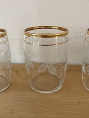 Set of 4 Vintage Bartlett Collins 3” Frosted Grape Leaf Etched Gold Rim Glasses
