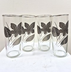 Vintage Libbey Leaf Pattern Drinking Glasses Set 4 Silver Rim Highball Tumblers