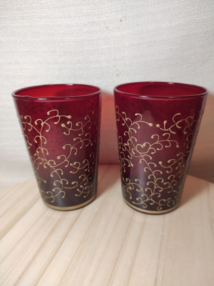 Ruby Glass Tumbler Set of 2 Gold Bottom Rim Red Glossy Finish Vinery Scrollwork