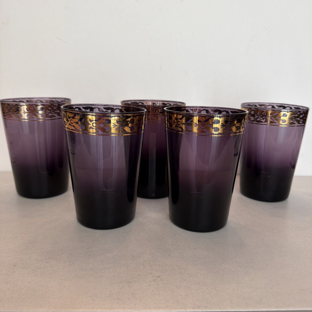 (5) Vintage Amethyst Pier 1 Imports Purple Blown Glass Tumblers Gold Trim