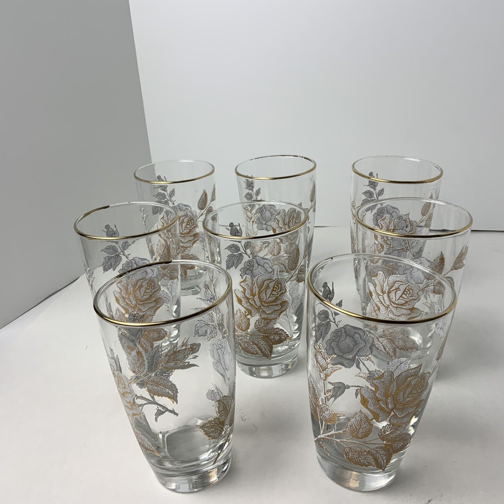 Libbey Glass Vintage Mid Century Gold / White Rose Bouquet Gold Trim 8 Tumblers