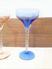 Vintage Set Of 5 Jewel Colors Twist Stemmed Blown Glass Liquor Cocktail Glasses