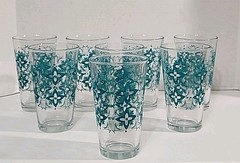 Vintage Libbey Atomic Teal Diamond Starburst Set of 8 Drinkware Glasses 6″ Tall