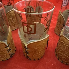 (8) 8oz Highball Glasses Leather Holder Western Cowboy Ranch Brand ML Leddy