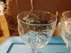 3 Vintage Libbey Rock Crystal Goblets With Square Bases And Etched Patterns
