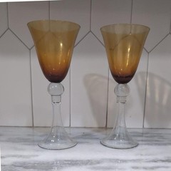 Amber Ombre Wine Goblets, Set of 2, Vintage Stemware, Ball-Knob Stem, Drinkware