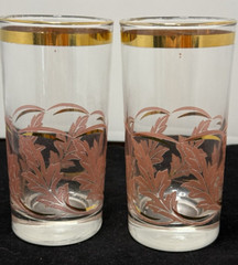 Libbey Pink & Gold Fern Glaze Drinking Glasses MCM Set of 2 Vintage