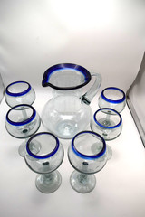 Mexican Hand-Blown Cobalt Blue Rim Bubbles Pitcher & 6 Goblets Set-Nice