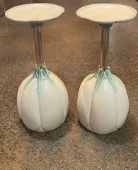 2 Newman Ceramic Works Tulip Wine Goblets Unused Lovely Cream and Green Signed