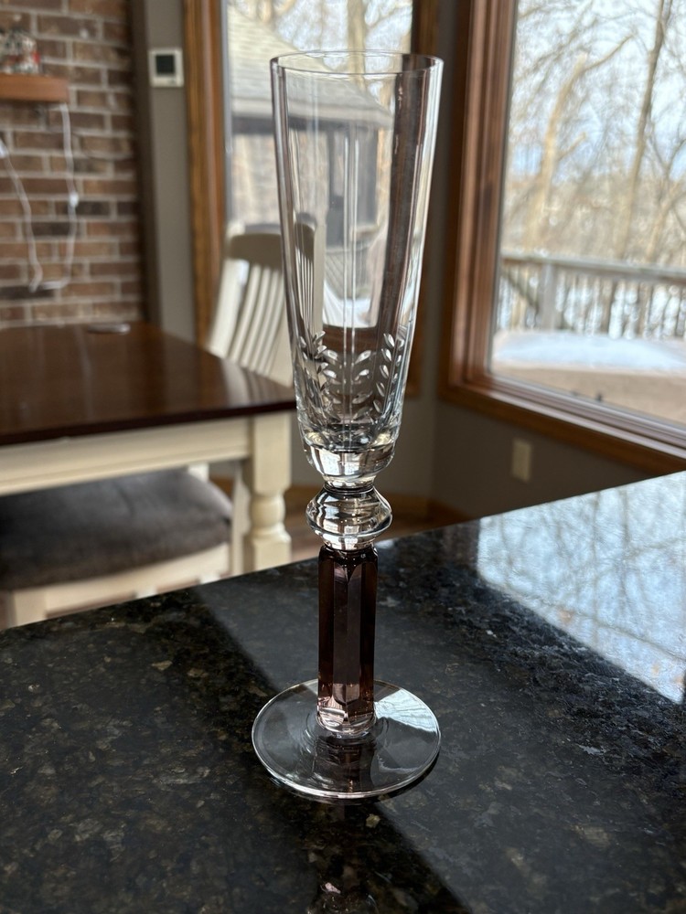 Orrefors VERSAILLES Champagne Flute 8 7/8″ Etched Flowers Lines Pale Rose Stem
