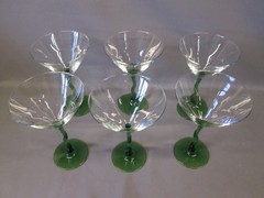 Set 6 COURBE WAVY Libbey Pedestal MARTINI GLASSES GREEN Squiggle Stem Zig Zag