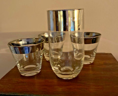 MCM 4 Piece Set Silver Rim 3 Glasses w/ Pitcher NICE!