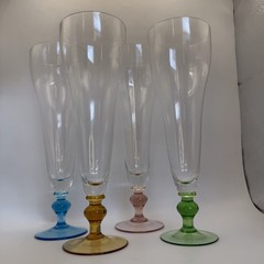 4 Mimosa Crystal Glasses Clear Pink Green Blue Amber Bases Vtg Tall Pilsner Bar