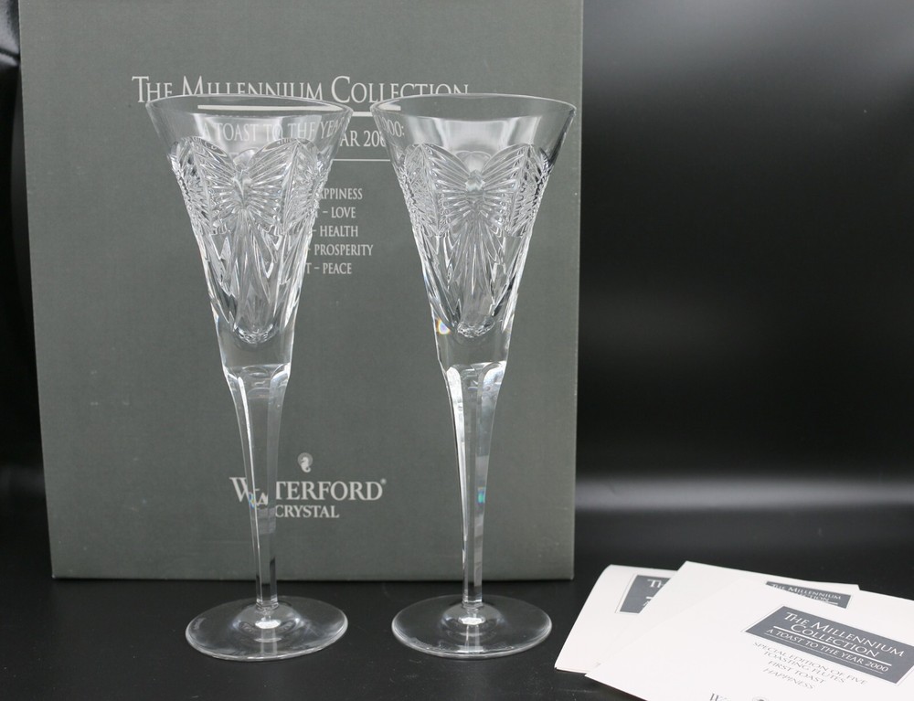 Set of 2 Waterford Millennium Happiness Toasting Flutes w/ Box