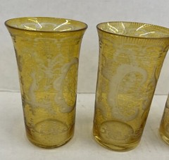 Antique 1920’s Bohemian Etched Fox &Castle Cut Amber Yellow SET OF 4 Sm Glasses