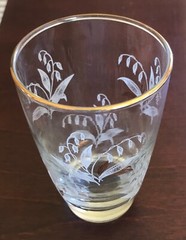 Clear Glass Lily of the Valley Etched Raised White & Gold Flower Gold Rim 10 oz.